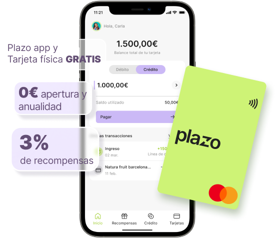 Plazo app y Tarjeta física GRATIS, 0€ apertura y anualidad, 3% de recompensas